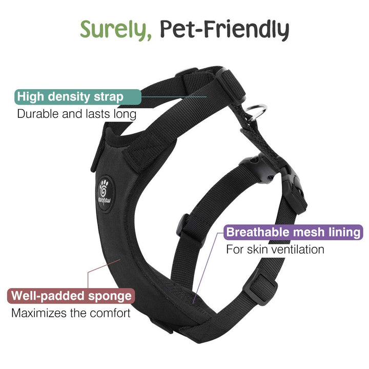 Dog Vehicle Safety Vest Harness, Adjustable Soft Padded Mesh Car Seat Belt Leash Harness with Travel Strap and Carabiner for Most Cars, Size Large, Black