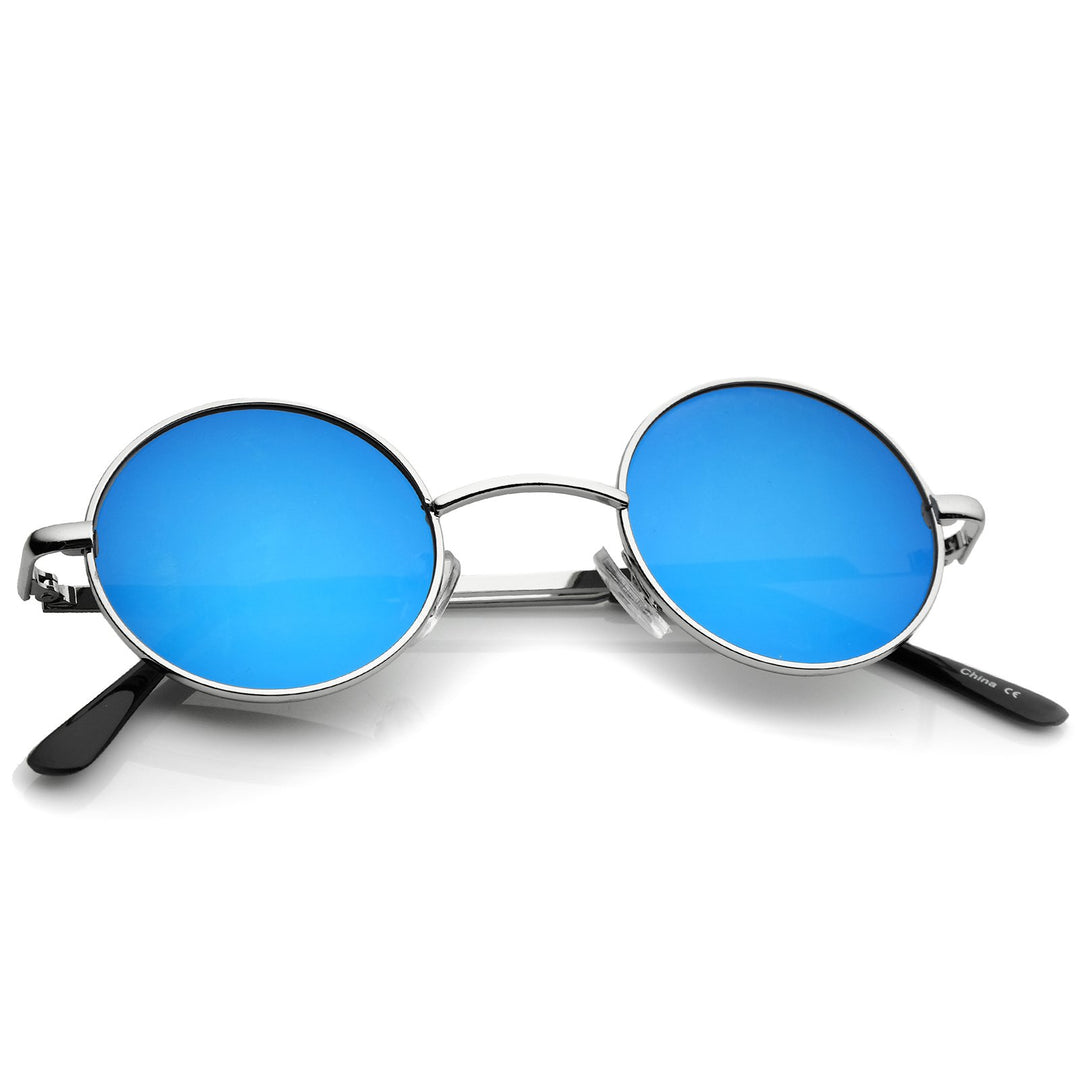 Small Retro Lennon Style Colored Mirror Lens Round Metal Sunglasses 41mm (Silver/Blue Mirror)