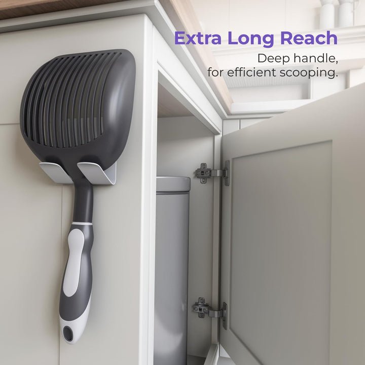 Cat Litter Scoop Metal w/ Deep Shovel, Black - Non Stick Plated Aluminum Cat Litter Scooper with Holder - Litter Box Scooper - Metal Cat Litter Scoop - Patented Sifter w/ Holder - Solid Handle