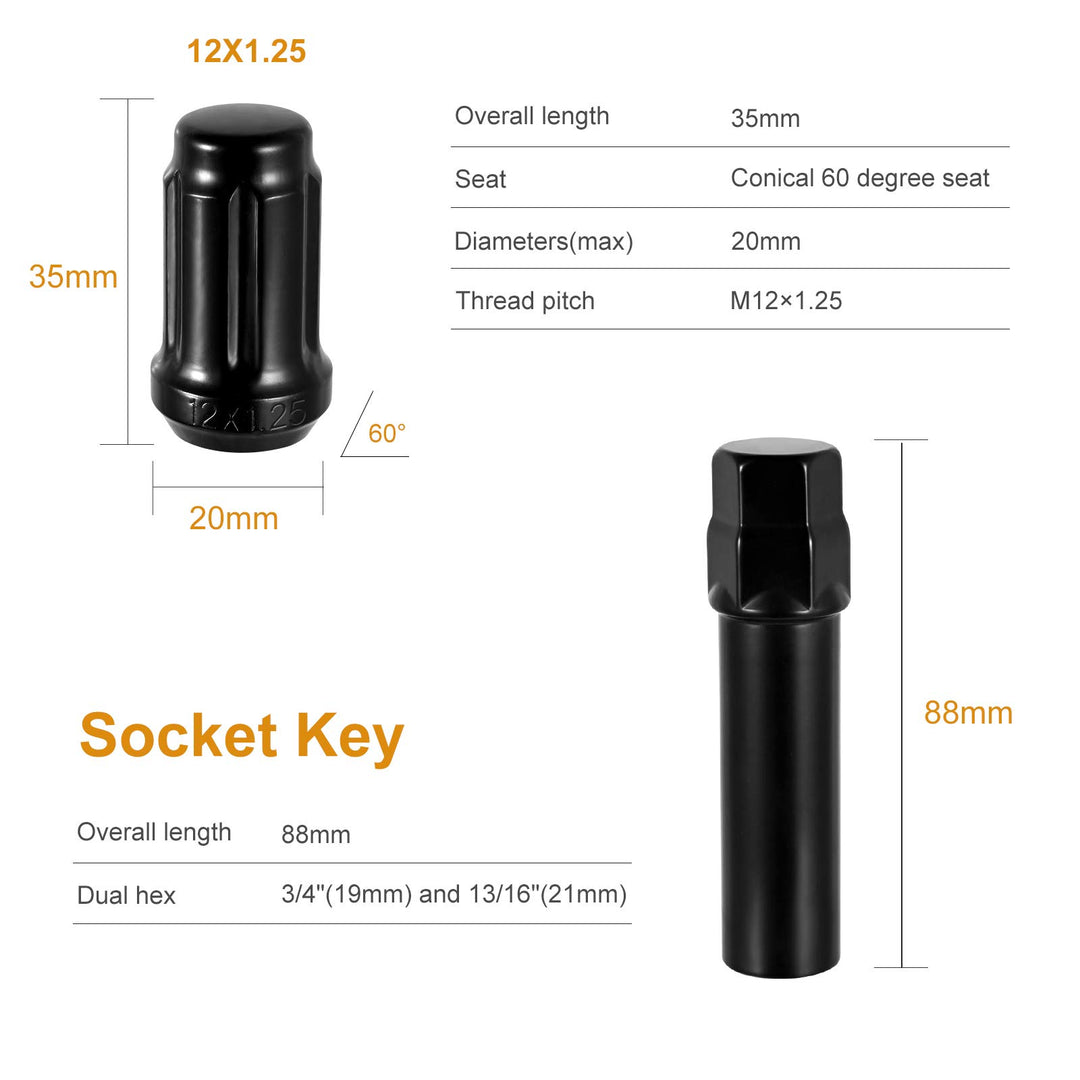 Black M12x1.25 Spline Lug Nuts, 20PK 12X1.25 Lug Nuts 1.38'' Tall Cone Seat One Socket for G35 G37 Su-baru Outback Forester Nissan Sentra 350Z Altima Rogue Maxima Juke Xterra Aftermarket Wheels