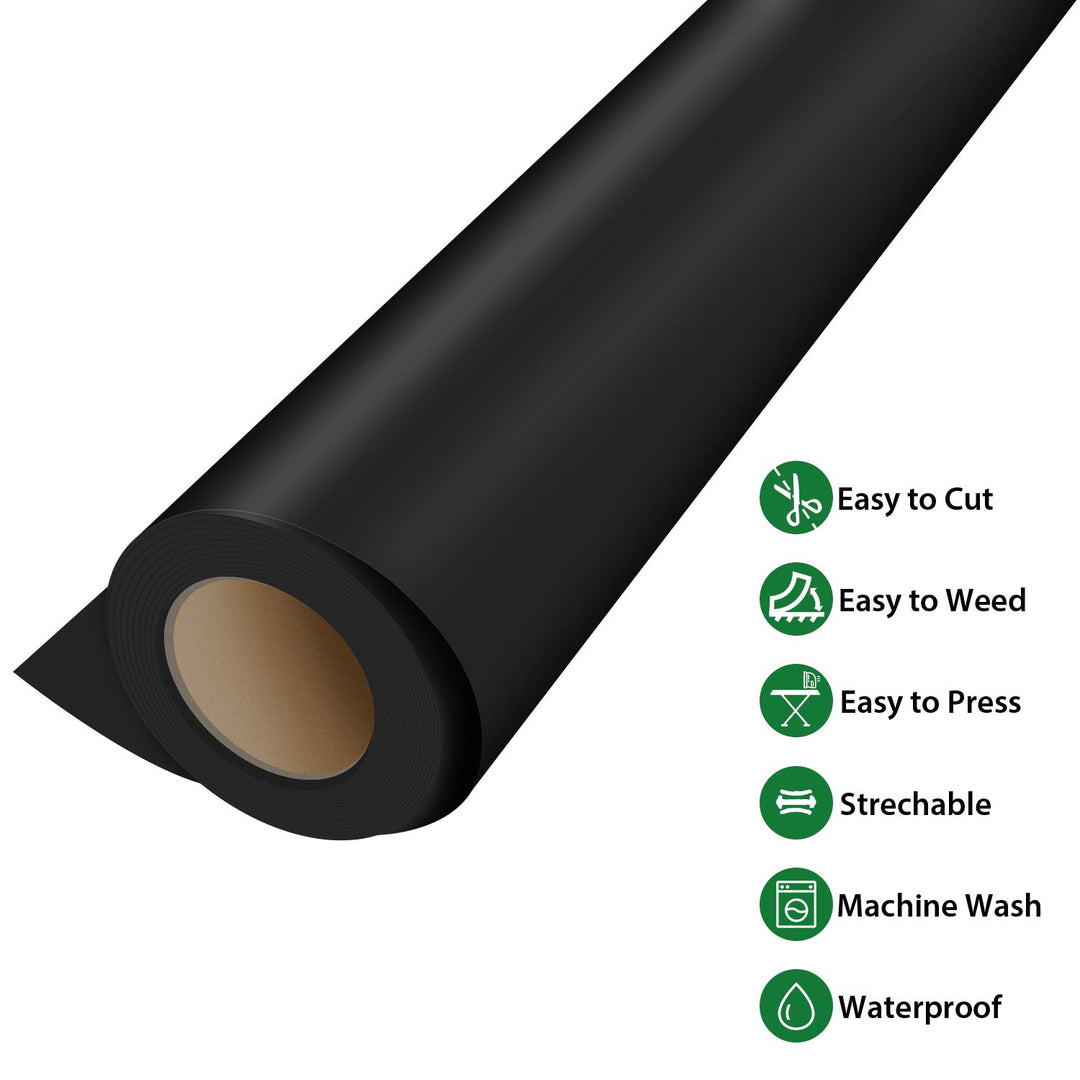 Black Heat Transfer Vinyl Roll - 12 x 25ft Black Iron on Vinyl, Clothing Heavy Duty Black HTV Vinyl, Easy to Cut & Weed