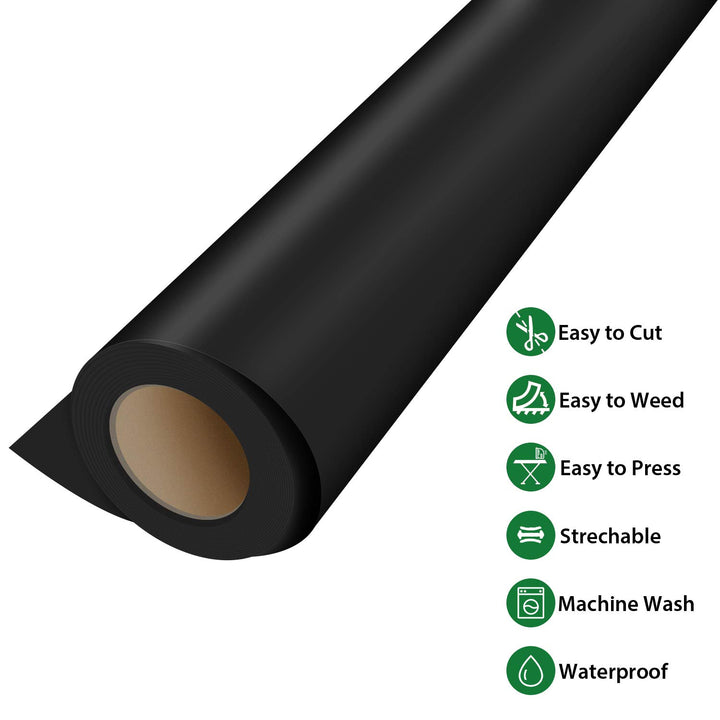 Black Heat Transfer Vinyl Roll - 12 x 25ft Black Iron on Vinyl, Clothing Heavy Duty Black HTV Vinyl, Easy to Cut & Weed