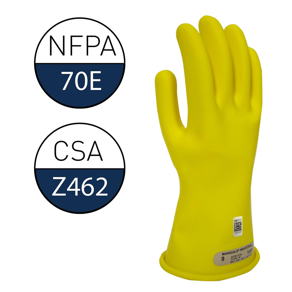 Class 00 Yellow Rubber Voltage Insulating Gloves, Max. Use Voltage 500V AC/750V DC, GC00Y08