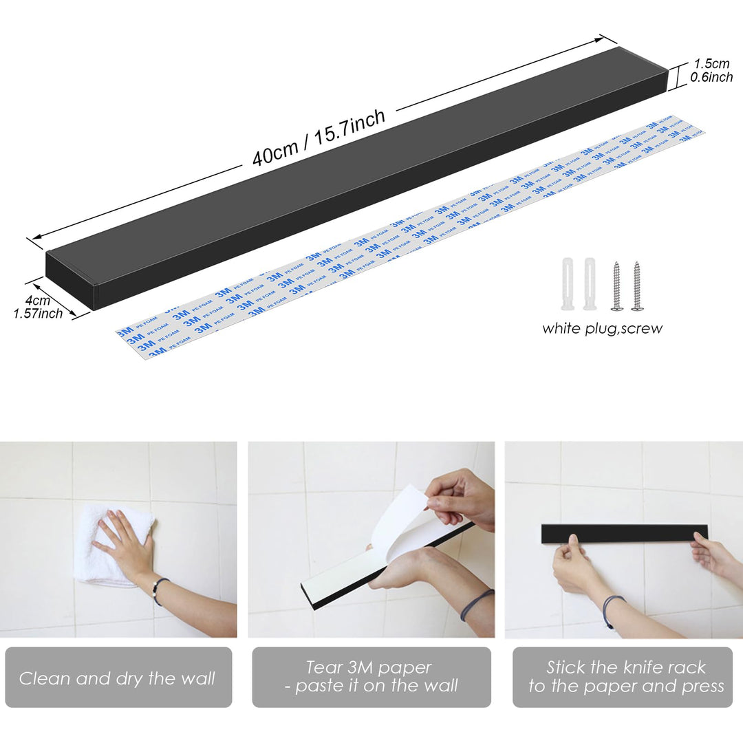 16 Inch Magnetic Knife Strip for Wall Stainless Steel Magnetic Knife Bar Rack Magnet Kitchen Knife Holder Utensil Tools Organizer Self-adhesive and Drilling Dual-use Wall Hanging Knife Protection