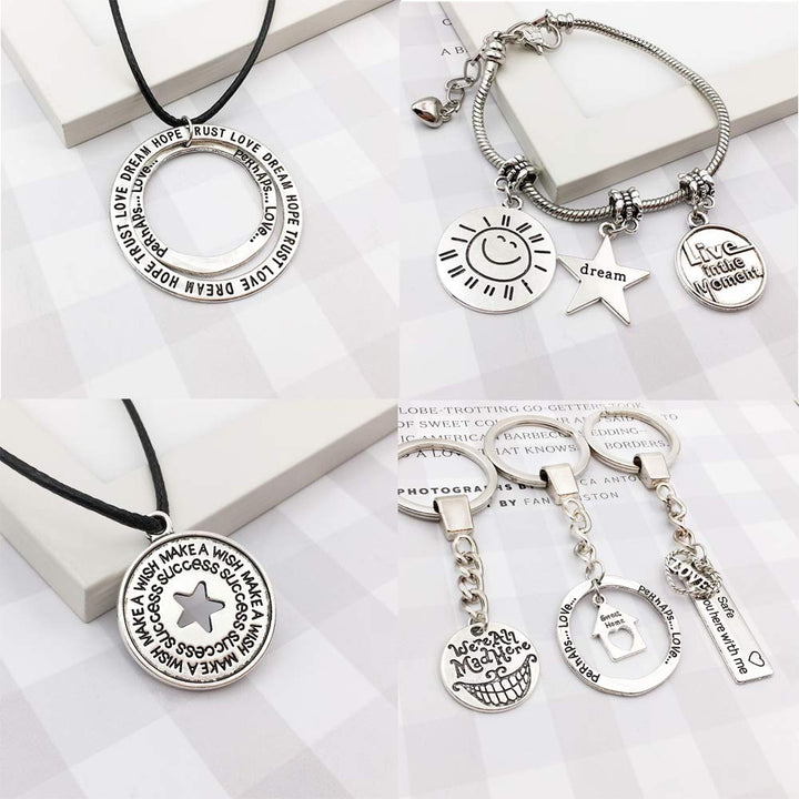 80pcs Inspiration Word Charms Pendants Engraved Motivational Charms Pendants for DIY Necklaces Bracelets Bangles Jewelry Making Fashion Accessories