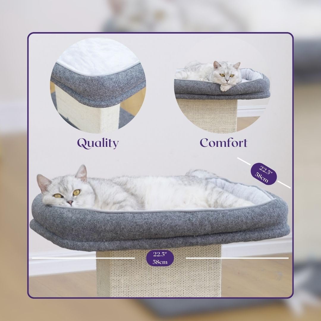 19 High 2-in-1 Elevated Cat Perch with Large Soft Felt Bed, Wide Sisal Scratching Post, Minimalist Cat Furniture for Climbing, Scratching & Resting, Fits All Indoor Cats & Home Décor, Grey