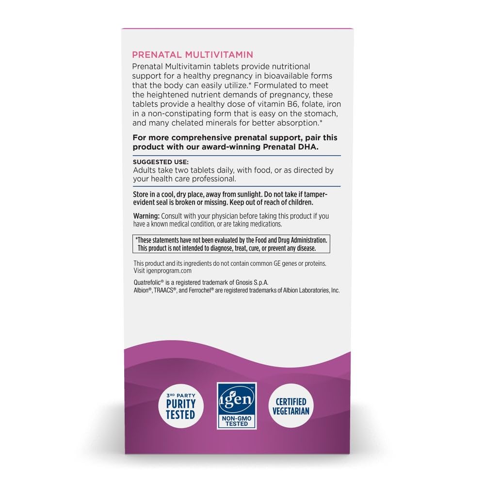 Prenatal Multivitamin for Women - Daily Vegetarian Prenatal Vitamins - 22 Essential Nutrients, Including B6, Folate, and Iron - 60 Tablets - 30 Servings