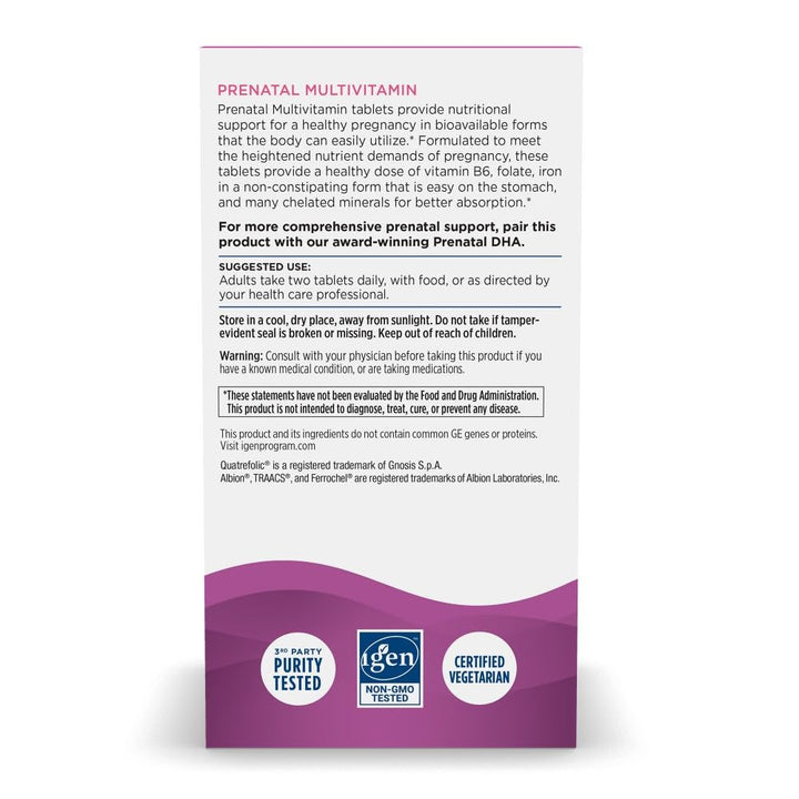 Prenatal Multivitamin for Women - Daily Vegetarian Prenatal Vitamins - 22 Essential Nutrients, Including B6, Folate, and Iron - 60 Tablets - 30 Servings