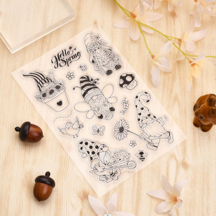 Gnome Silicone Clear Stamps Spring Flower Bee Butterfly Transparent Stamps for Birthday Valentine's Day Cards Making DIY Scrapbooking Photo Album Decoration Paper Craft…