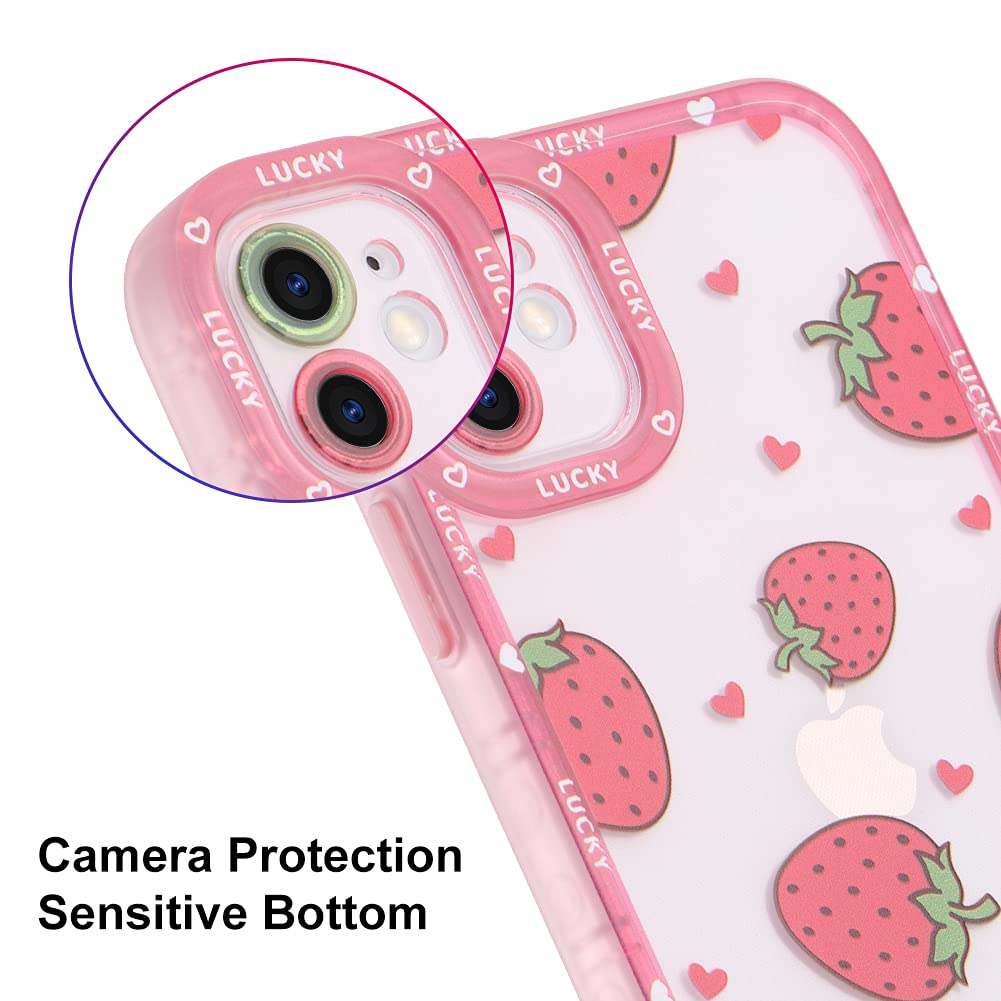 Compatible with iPhone 12 Case Pink Strawberry Cute Pattern Soft TPU Case for Girls Women + 1* Screen Protector, Camera Hole Protective Phone Case