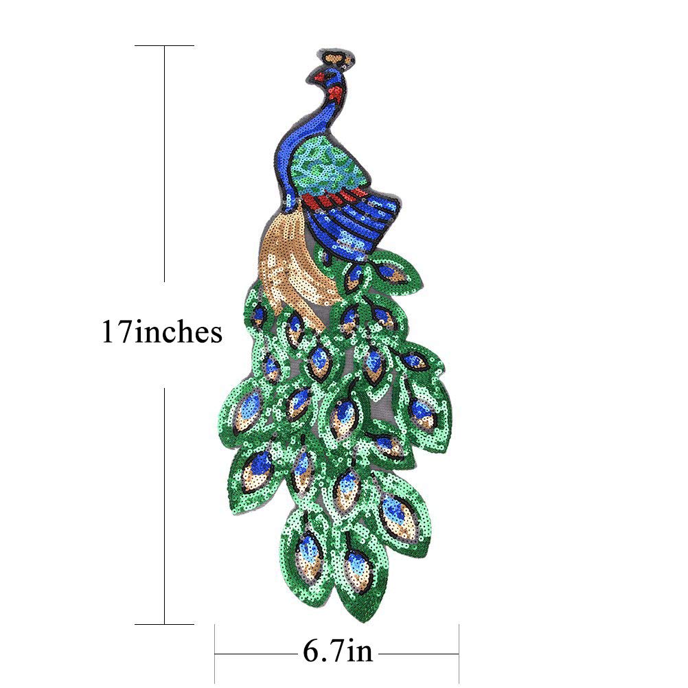 2 Pack Colorful Sequins Peacock Patch Iron On/Sew on Embroidered Applique Patch Craft Fashion Accessories for DIY Clothes
