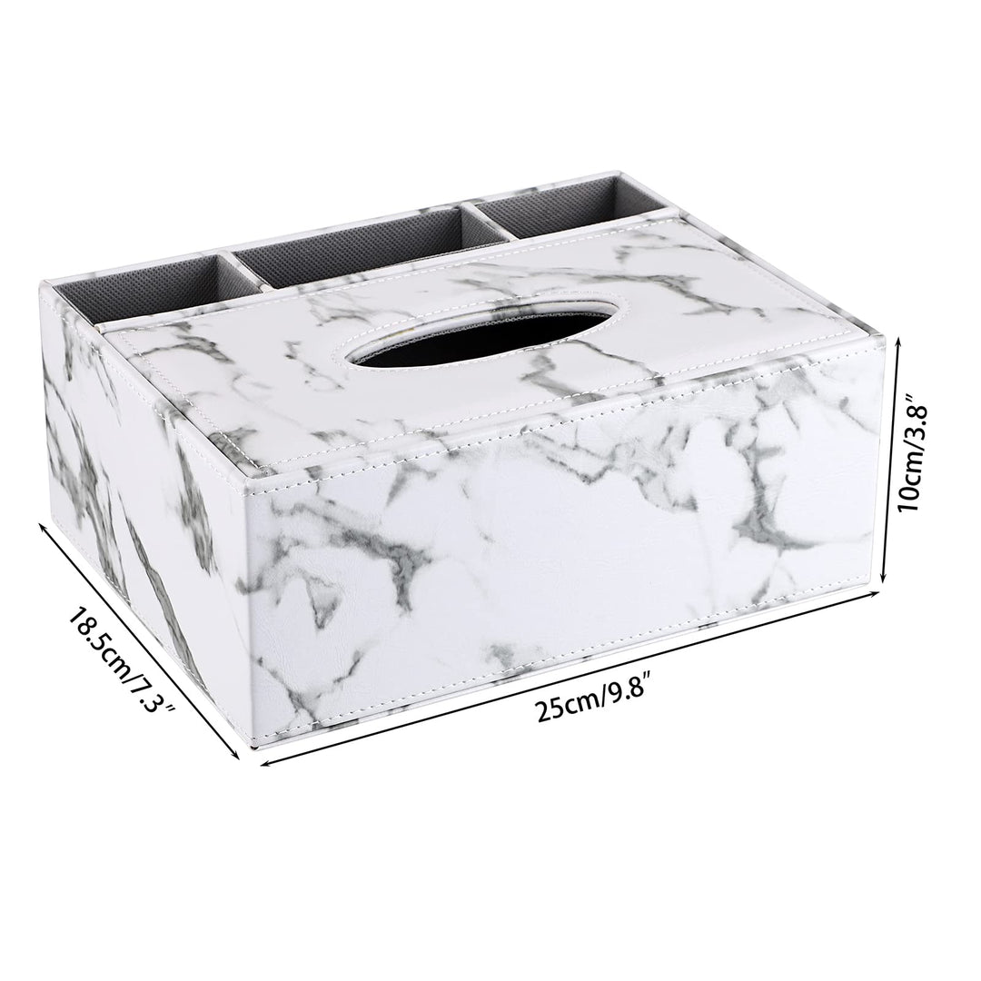 PU Rectangular Tissue Box Cover - Multifunctional Tissue Box Holder with Stationery Remote Control Box, Decorative Tissue Pen Remote Organizer for Home/Office/Car/Restaurant, Marble White
