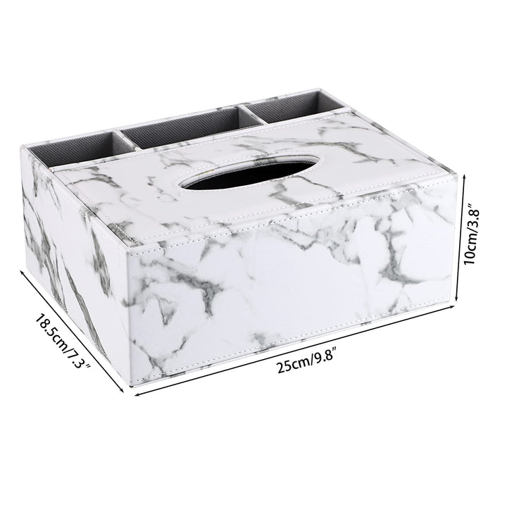PU Rectangular Tissue Box Cover - Multifunctional Tissue Box Holder with Stationery Remote Control Box, Decorative Tissue Pen Remote Organizer for Home/Office/Car/Restaurant, Marble White