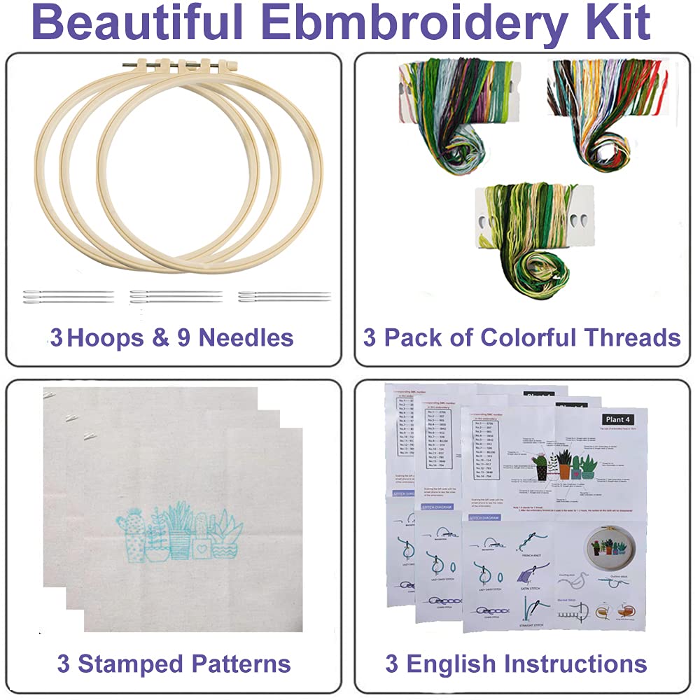 3 Pack Embroidery Kit with Pattern and Instructions for Beginners Plants Flowers for Adults,Cross Stitch Kit, Craft Stamped Embroidery Starter Set Including Hoop,Needles, Color Threads (Plants)