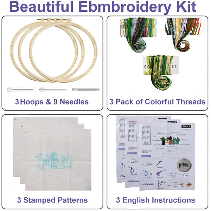 3 Pack Embroidery Kit with Pattern and Instructions for Beginners Plants Flowers for Adults,Cross Stitch Kit, Craft Stamped Embroidery Starter Set Including Hoop,Needles, Color Threads (Plants)