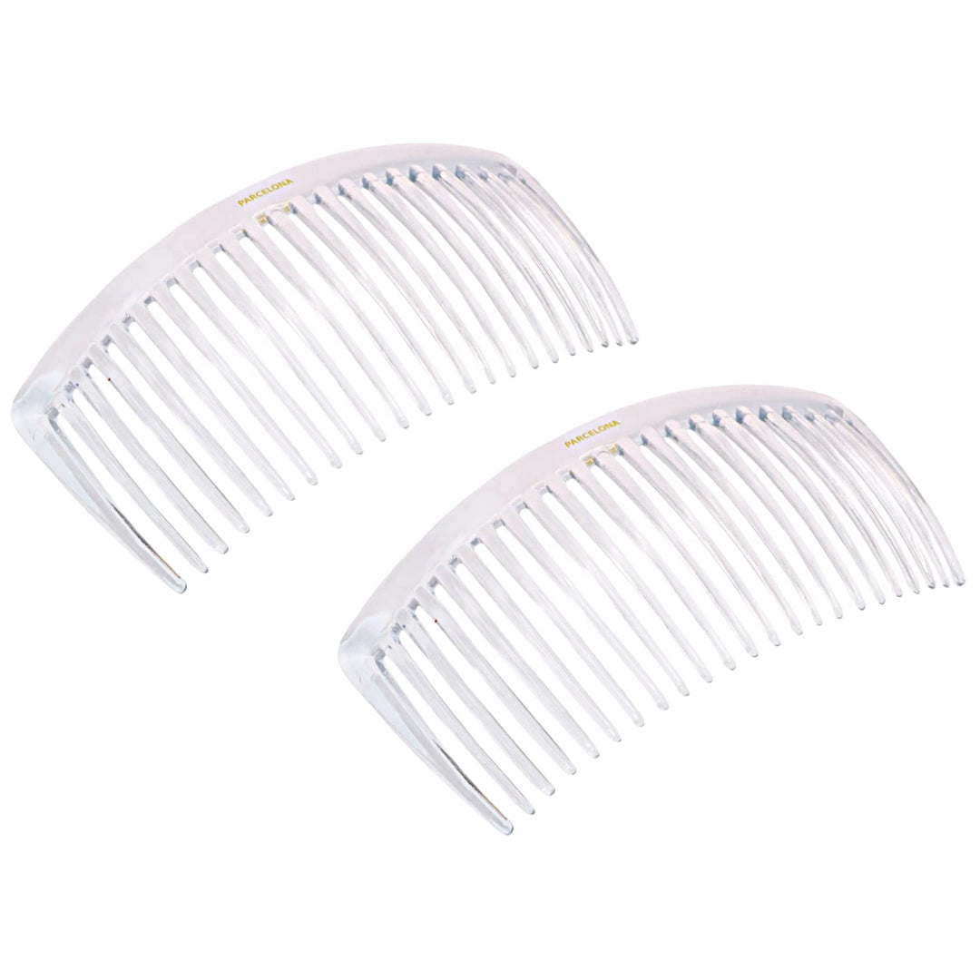 French Pair of Clear Crystal Color Large Glossy Cellulose Acetate Good Grip Updo 23 Teeth Hair Side Combs 4.25 Inches