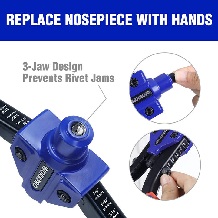 10-Inch Pop Rivet Gun, Heavy Duty Riveter with 3 Interchangeable Heads (3 Nosepieces) and 100pcs Rivets, 5-in-1 Hand Riveter Set for Metal, Plastic, Repairing Truck Bed, Fixing Highway Sign