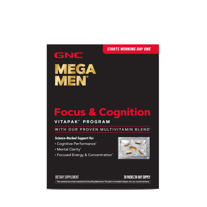 Mega Men Focus and Cognition Vitapak Program, Convenient, Complete Nutrition, 3 Products in 1 Packet, Clarity, Focus, Energy, Concentration, Works on Day One, 100mg Caffeine, 30 Daily Packs