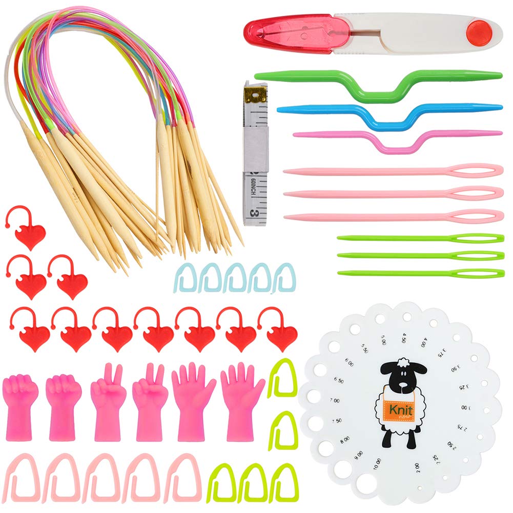 62 pcs Circular Knitting Needles Set Round Needles, Knitting Kit Include 24inch Bamboo Knitting Needles with Cable, Scissors Big Eye Needles Tape Measure Knitting Case & More Knitting Supplies
