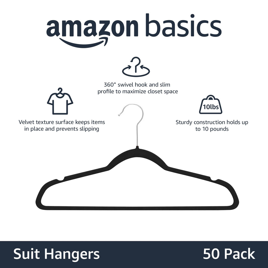Slim, Velvet, Non-Slip Suit Clothes Hangers, Pack of 50, Black