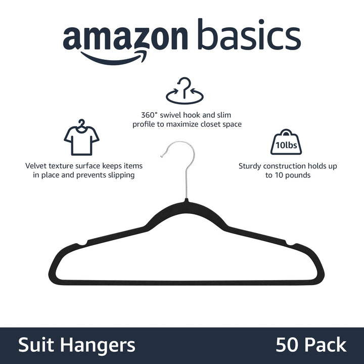 Slim, Velvet, Non-Slip Suit Clothes Hangers, Pack of 50, Black