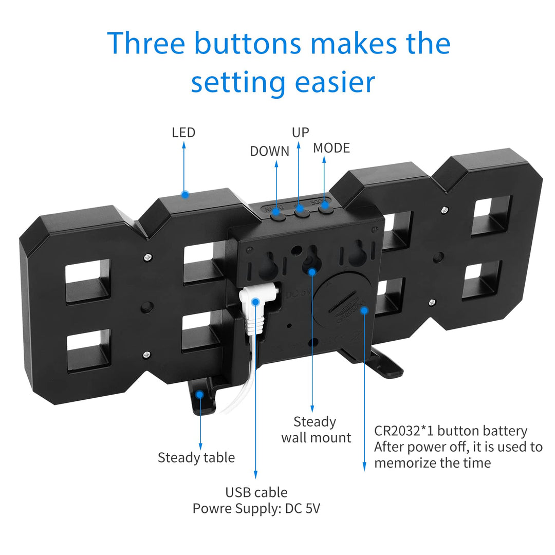 3D LED Wall Clock, 8.4 Digital Wall Clock, LED Clock with 3 Adjustable Brightness Levels for Home Kitchen Office(with Cable but NOT Battery Operated)