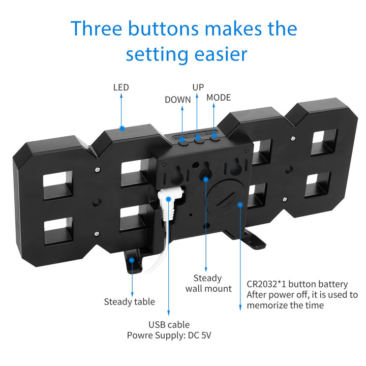 3D LED Wall Clock, 8.4 Digital Wall Clock, LED Clock with 3 Adjustable Brightness Levels for Home Kitchen Office(with Cable but NOT Battery Operated)