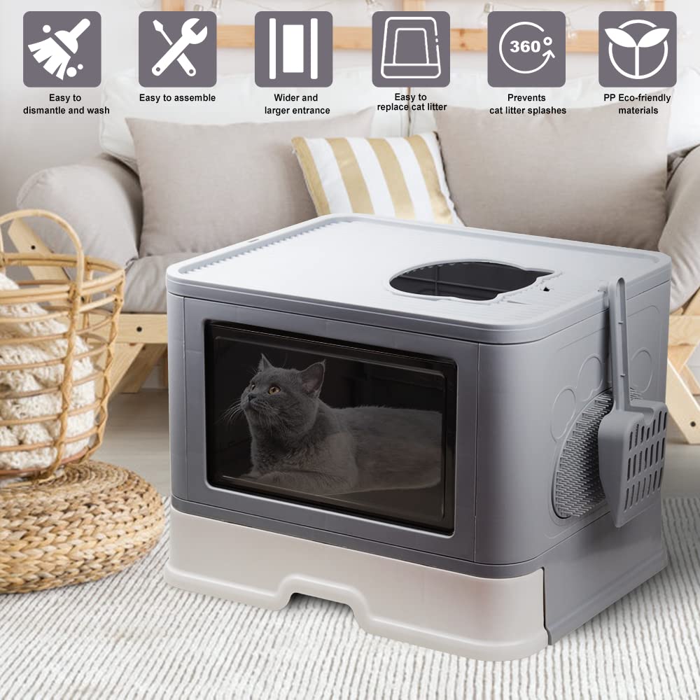 Foldable Cat Litter Box, Large Top Entry Anti-Splashing with Lid, Enclosed Potty, Drawer Type Toilet Easy Cleaning, Including Scoop, Grey.