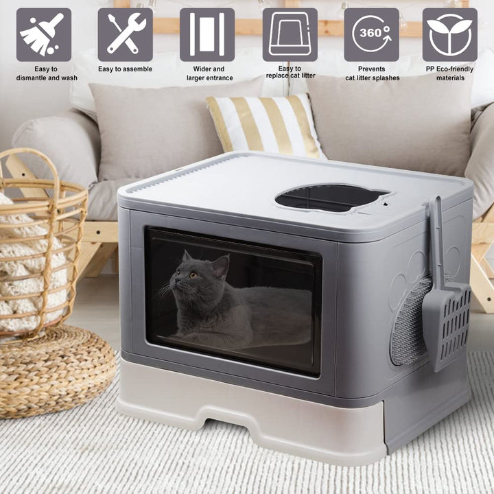 Foldable Cat Litter Box, Large Top Entry Anti-Splashing with Lid, Enclosed Potty, Drawer Type Toilet Easy Cleaning, Including Scoop, Grey.