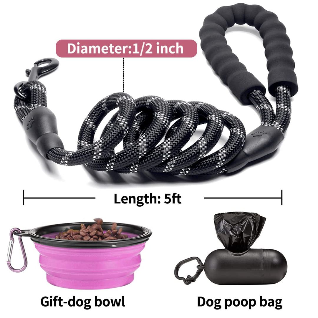 2 Pack Dog Leash 5 FT Heavy Duty - Comfortable Padded Handle - Reflective Dog Leash for Medium Large Dogs with Collapsible Pet Bowl