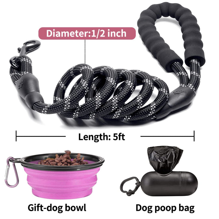 2 Pack Dog Leash 5 FT Heavy Duty - Comfortable Padded Handle - Reflective Dog Leash for Medium Large Dogs with Collapsible Pet Bowl