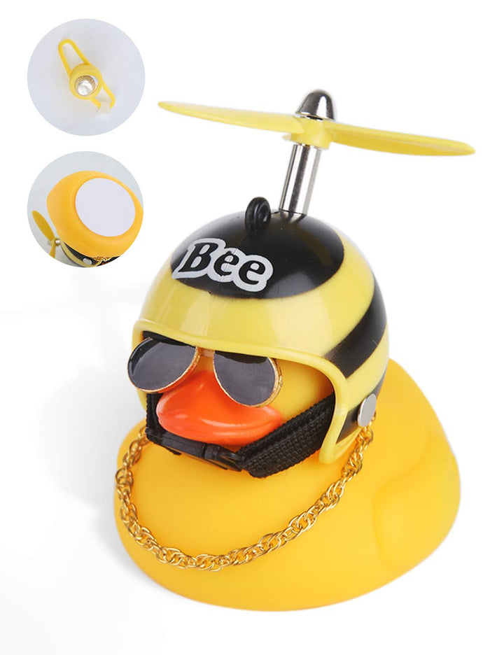 Duck Toy Car Decorations, Rubber Duck Car Ornaments for Dashboard, Yellow Duck Bike Bell with Propeller Helmet & Horn Light for Kids, Adults, Men, Women (Bee)