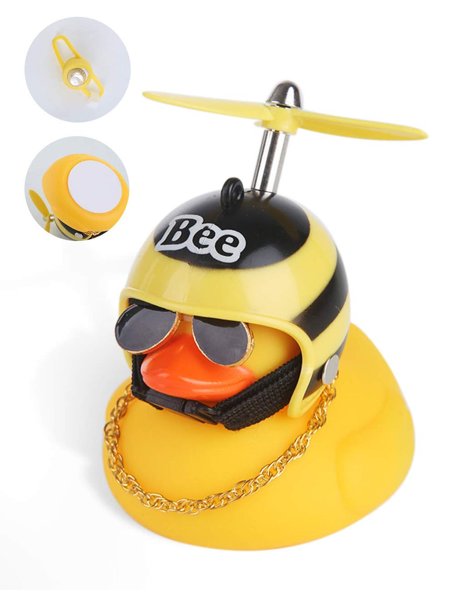 Duck Toy Car Decorations, Rubber Duck Car Ornaments for Dashboard, Yellow Duck Bike Bell with Propeller Helmet & Horn Light for Kids, Adults, Men, Women (Bee)