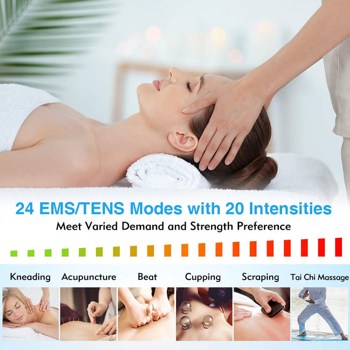 24 Modes Tens Unit Muscle Stimulator, Rechargeable Tens Machine with 8 Electrode Pads (American Gel), Electric Pulse Massager for Pain Relief Therapy