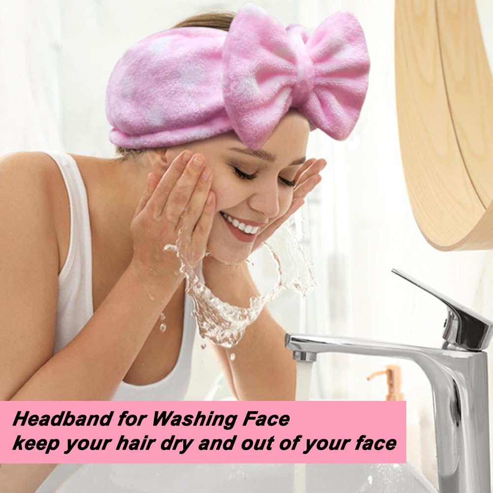 Women Fashion Lovely Soft Carol Fleece Bowknot Bow Makeup Cosmetic Shower Elastic Hair Band Hairlace Headband (pink polka dots)