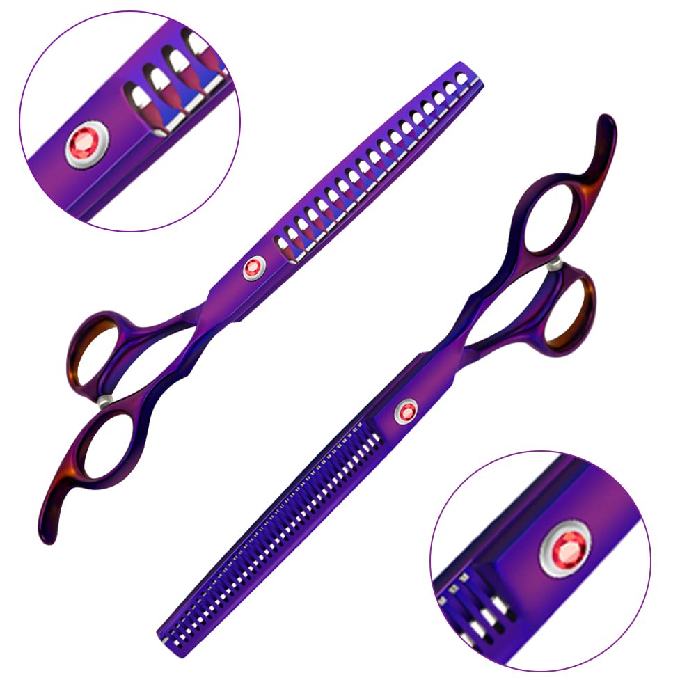 Professional PET Dog Grooming Titanium Scissors Set,Straight & Curved & Thinning & Chunker Scissors with 1 Grooming Comb for Dog Cat and More Pets Grooming (Purple)