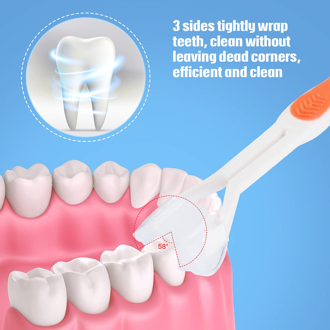 2 Pieces 3 Sided Autism Toothbrush Three Bristle Travel Toothbrush for Complete Teeth and Gum-Care, Great Angle Bristles Clean Each Tooth, Soft/Gentle (Red, Orange)