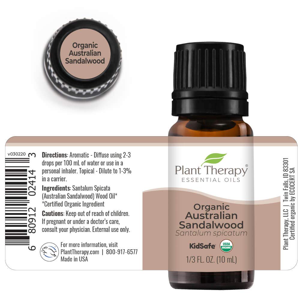 USDA Certified Organic Sandalwood Essential Oil. 100% Pure, Undiluted, Therapeutic Grade. 10 ml (1/3 oz).