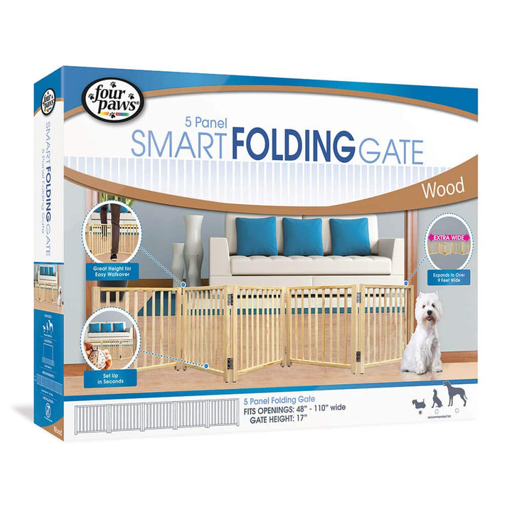Smart Folding Free Standing 5-Panel Wood Dog Gate, 48-110 W by 17 H