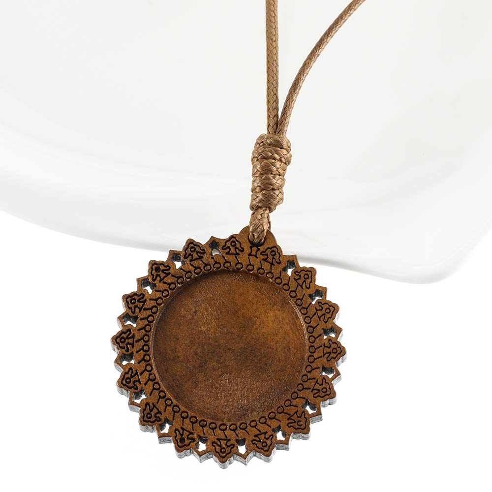 10pcs 25mm 30mm cabochon Blank Settings Wood Pendant Necklace Base Bezel with Leather Cord for Sweater Chain and Jewelry DIY Making (30mm Pattern 2)