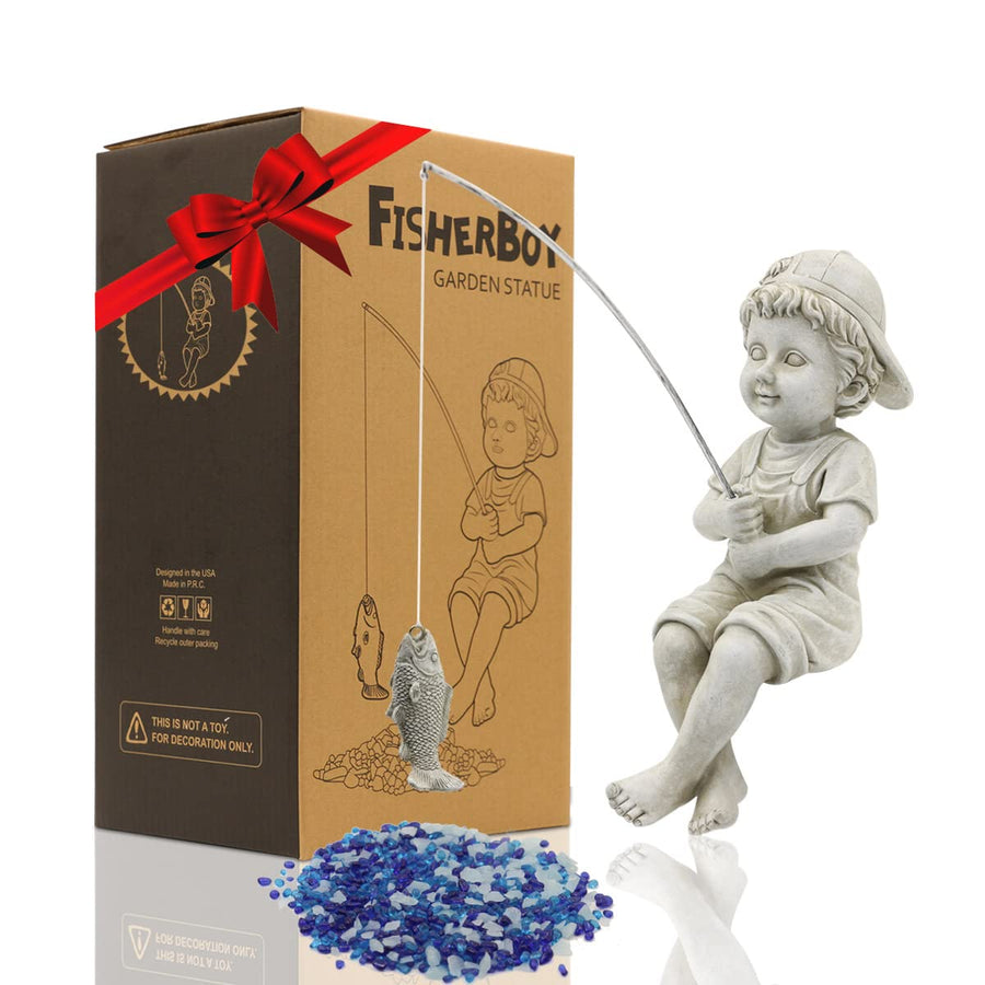 Fisherboy Statue Garden Decor - 11 Little Fishing Guy for Koi Pond or Waterfalls, Poolside Statue with Glow in Dark Pebbles Included, Great Gifts for Mom, Women & Birthdays