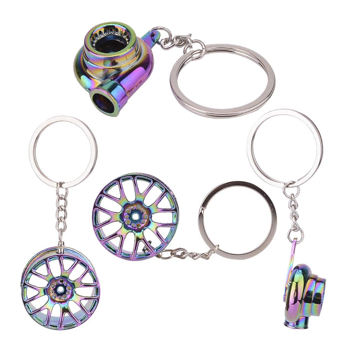 5 Pcs Car Parts Model Key Chains, Colorful Turbo Keychain, Black Manual Gearbox Keychain, Colorful Tire Rim Keychain, Blue Brake Rotor Keychain, Red Spring Shock-absorber Keychain