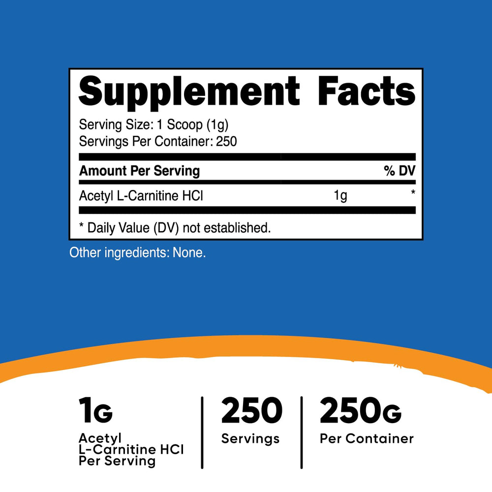 Acetyl L-Carnitine (ALCAR) 250 Grams Powder - 1G Per Serving - 250 Servings
