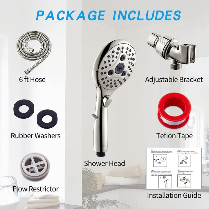 Bathroom Handheld Shower Head with on off Switch, 6 Spray Setting Removable Hand Held Showerheads with 6 FT Stainless steel Hose and Adjustable Angle Bracket(Brushed Nickel)