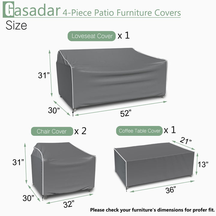 Patio Furniture Cover Set, 4 Piece Outdoor Furniture Cover Waterproof, 600D Heavy Duty Lawn Patio Set Covers