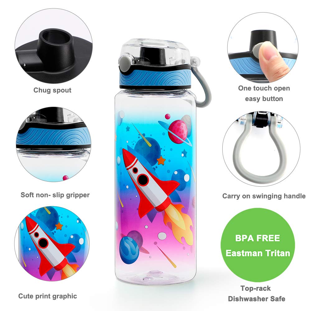 Cute Water Bottle for School Kids Boys, BPA FREE Tritan & Leak Proof Flip Top Lid & Easy Clean & Carry Handle, 23oz/ 680ml - Rocket