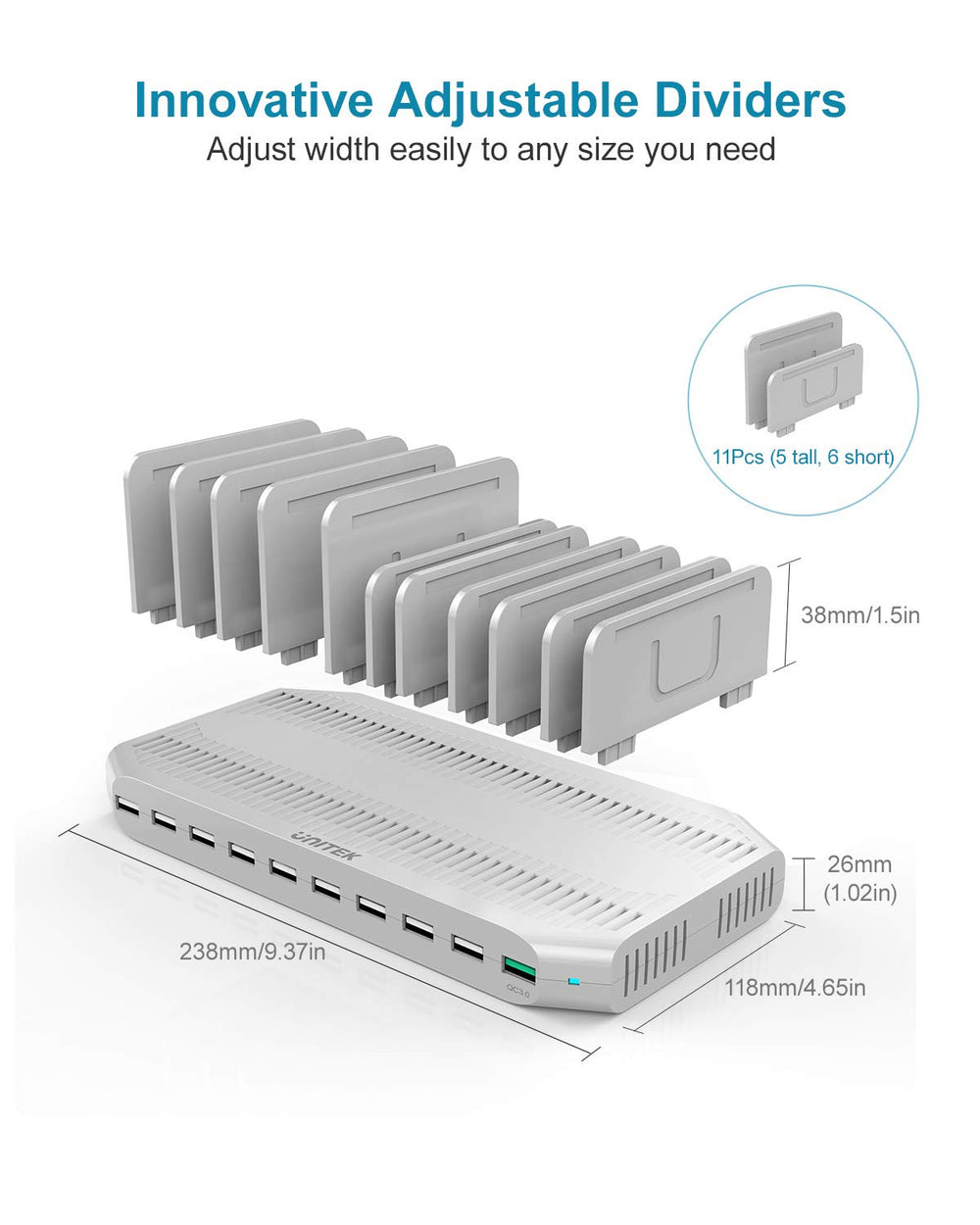 Charging Station for Multiple Devices, USB Charging Dock with Adjustable Dividers, QC 3.0 and SmartIC, iPhone, iPad, Tablet Organizer Stand-(UL Certified)