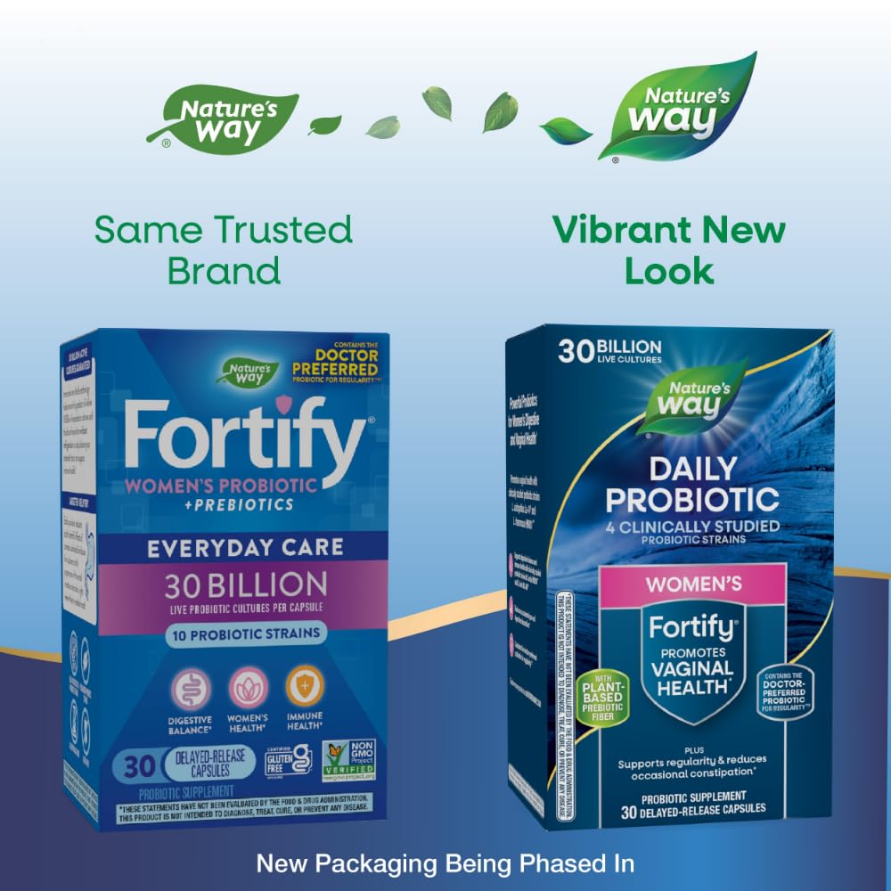 Fortify Daily Probiotic for Women, 30 Billion Live Cultures, 10 Strains, Prebiotics, Supports Digestive & Immune Health*, No Refrigeration Required, 30 Capsules (Packaging May Vary)