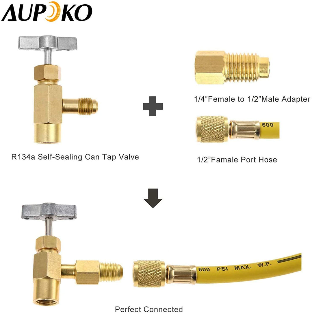 R134A Self-Sealing Can Tap with R134A Tank Adapter, 1/2’’ Acme to 1/4’’ SAE Refrigerant Can Bottle Tap Opener with 1/4’’ SAE Female and 1/2’’ Acme Male Adapter