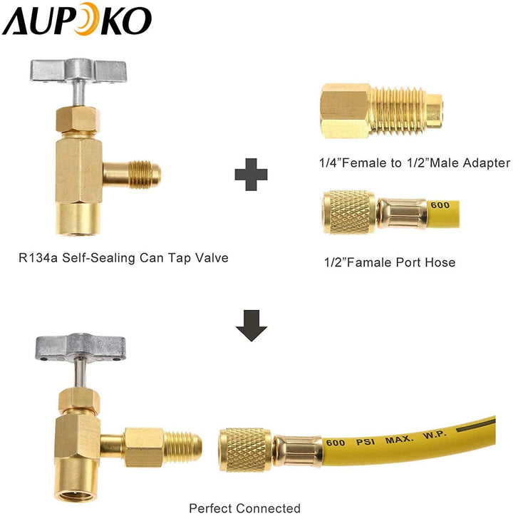 R134A Self-Sealing Can Tap with R134A Tank Adapter, 1/2’’ Acme to 1/4’’ SAE Refrigerant Can Bottle Tap Opener with 1/4’’ SAE Female and 1/2’’ Acme Male Adapter